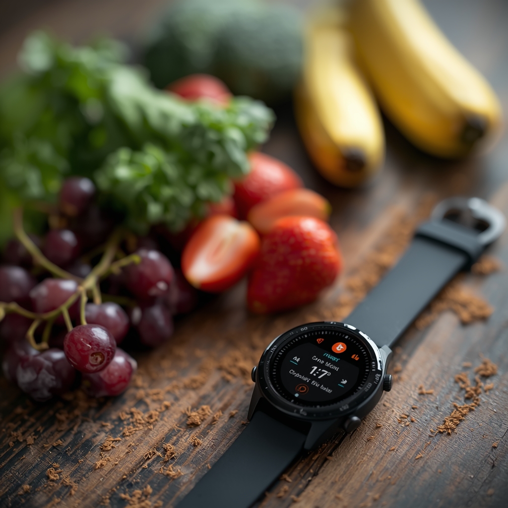 A macro shot of healthy organic food and a smartwatch tracking steps on a rustic table, athletic lifestyle. (no woman image)